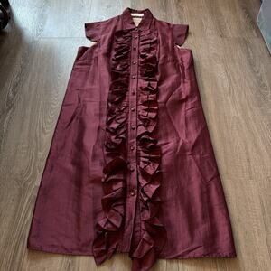 DERERCUNY Made In Italy Red Silk‎ Sleeveless Ruffle Front Dress Sz 38